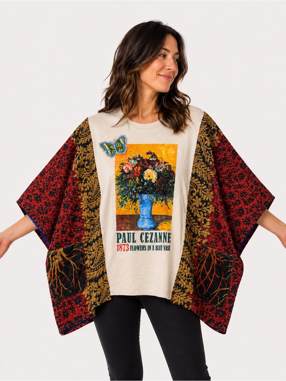 Paul Cezanne Flowers Graphic Tee Quilt Panel Poncho Top Boho Artwear